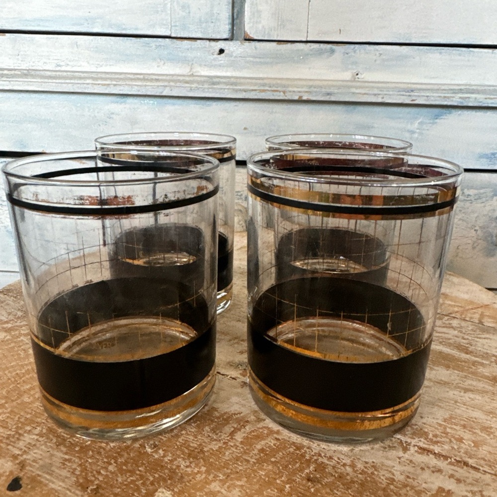 Set of 4 Vintage MCM 22kt Gold Cuver Devon Lowball Whiskey Glasses